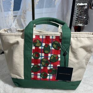 America & Beyond green and tan canvas beaded olive 🫒 mini tote bag